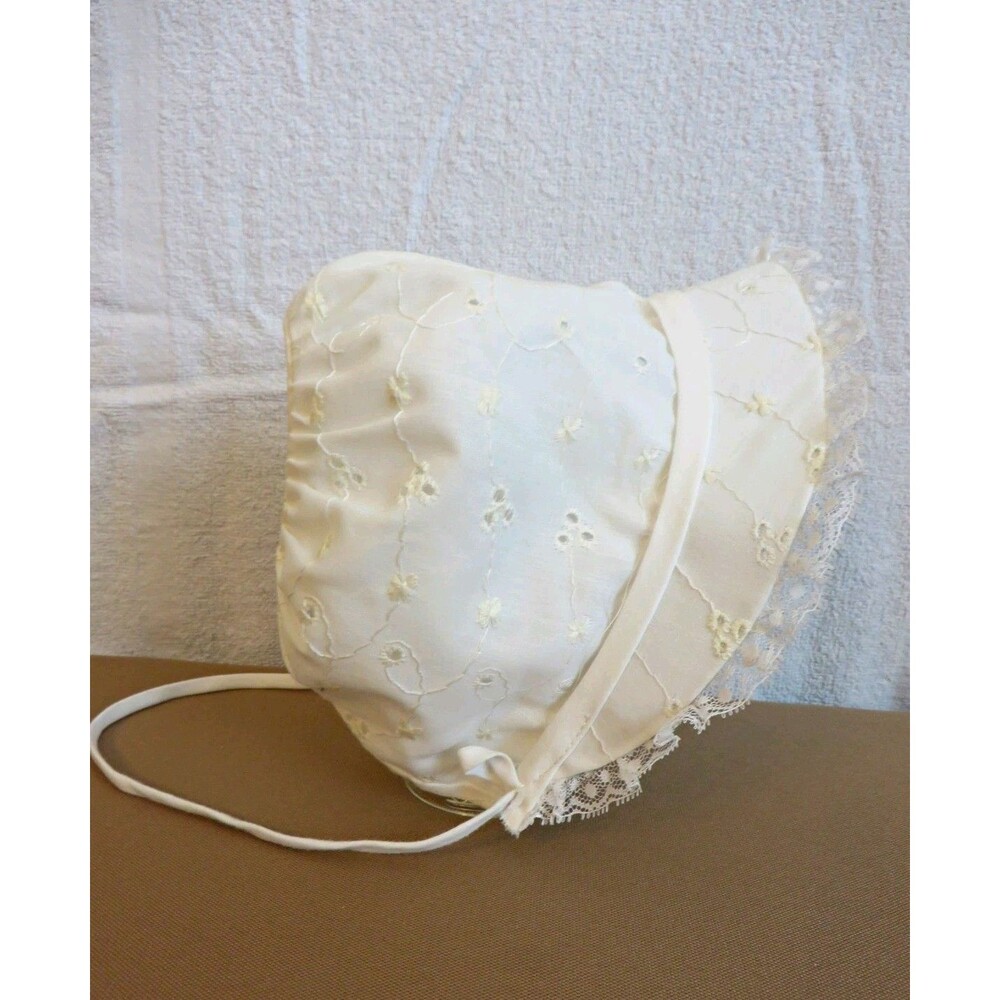 Vintage White Embroidered Lace Baby Bonnet Hat w/ Chin Strap Ties
